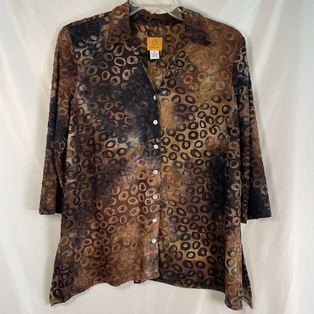 Ruby Rd. Brown Leopard Animal Print Flowy 3/4 Sleeve Blouse Medium Button Up
